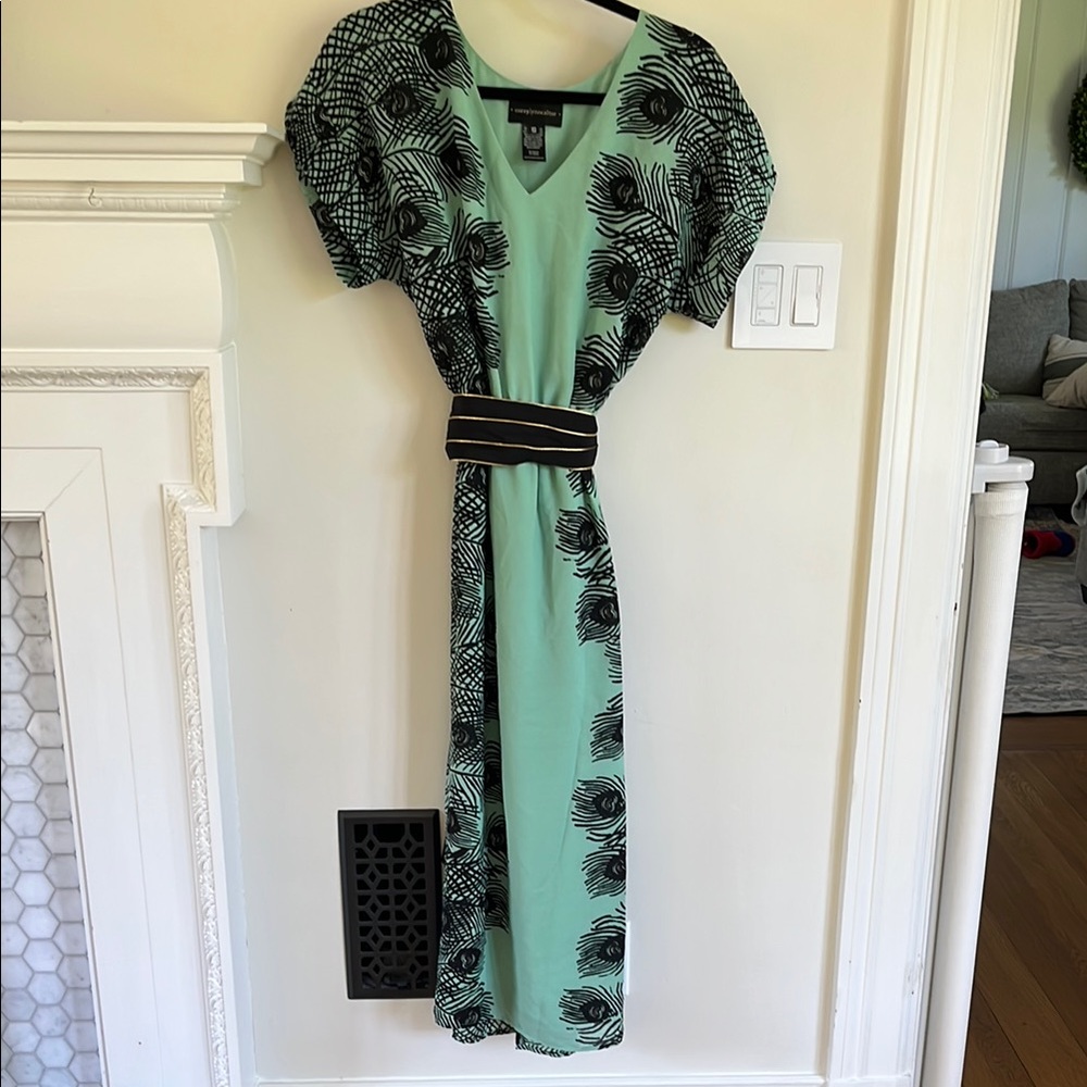 Corey Lynn Calter Green and Black Puff Sleeve Maxi Dress